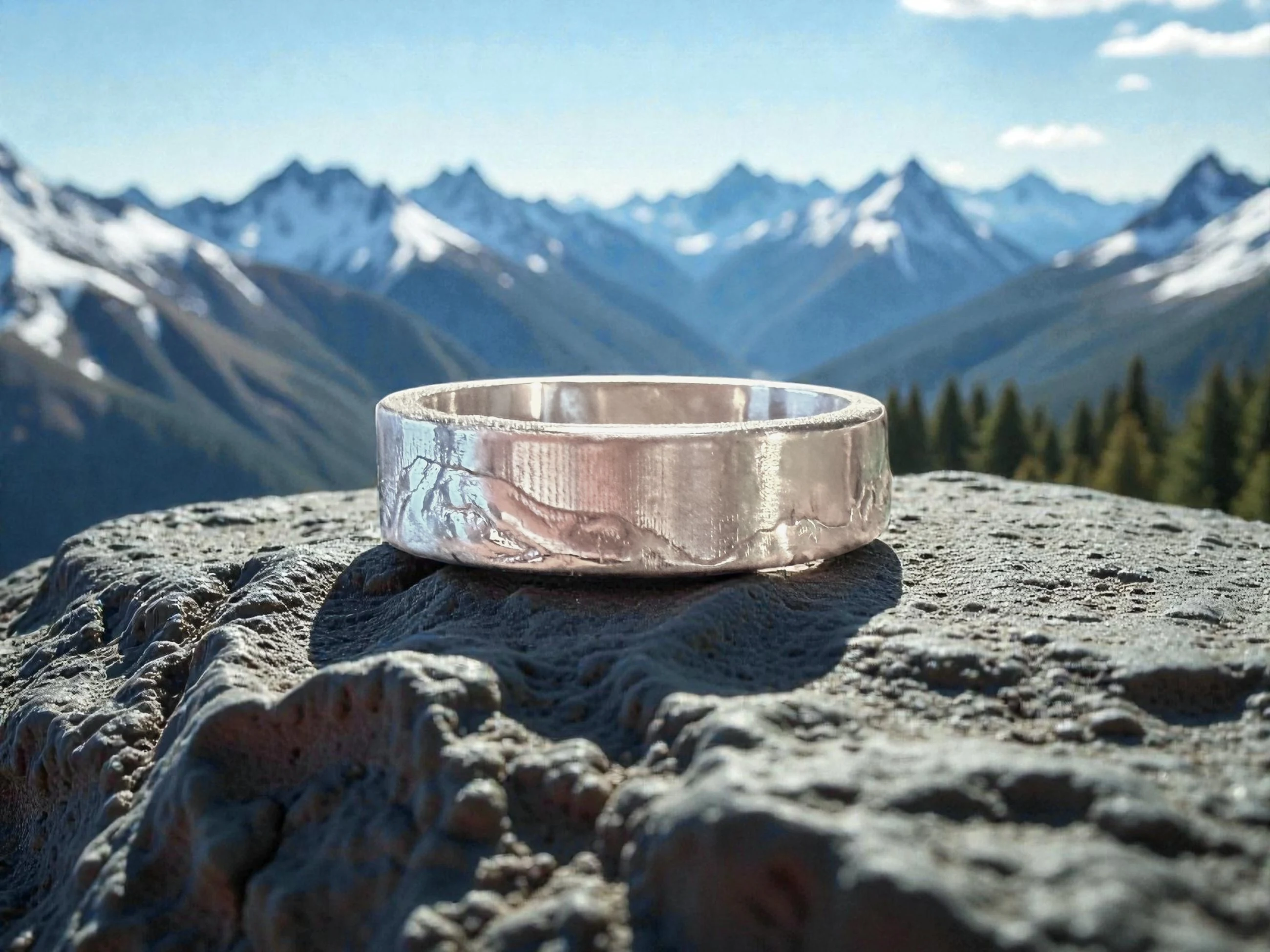 The ring photographed outdoors on rock, with snow-topped mountains behind it.