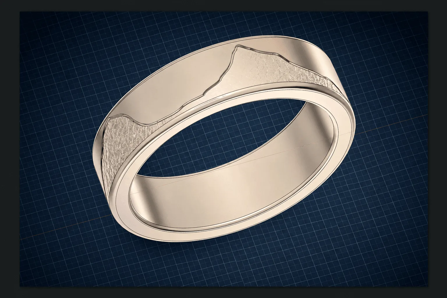 A digital model of a Fell & Forge ring shown in CAD software, displayed on a blueprint-style grid.