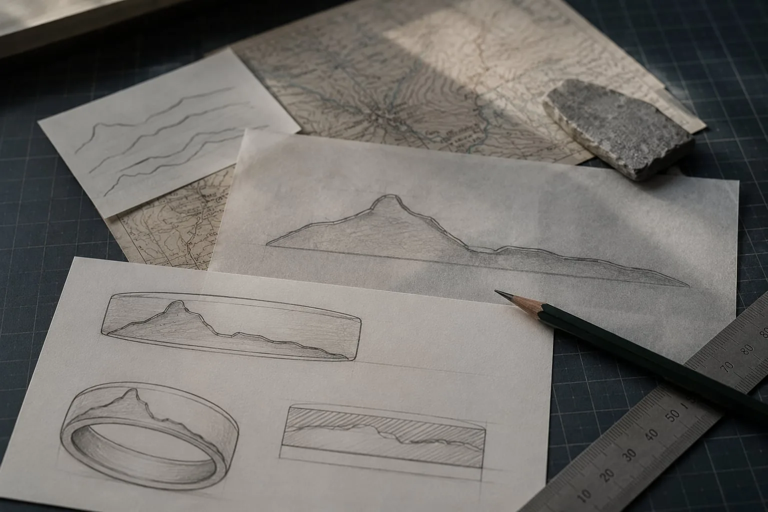 An illustration of the design stage: contour sketches, a tracing-paper profile and a map fragment arranged on a bench.