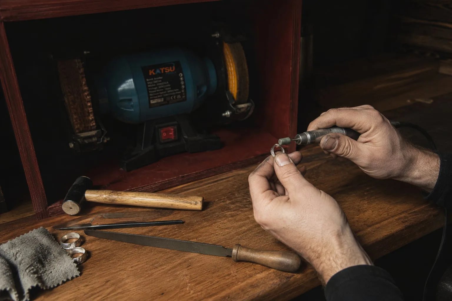 A maker's hands finishing a silver ring with a handheld rotary tool at a workbench, with needle files and a bench grinder nearby.