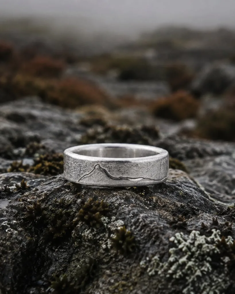 Yorkshire Three Peaks ring resting on lichen-covered moorland stone in low light.